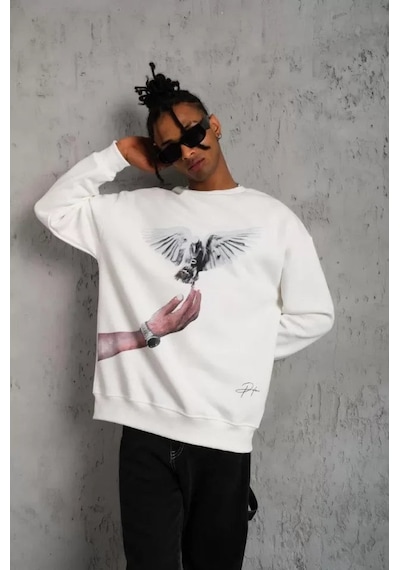 Yake Store Erkek Güvercin Baskılı Sweatshirt - Beyaz - Beyaz