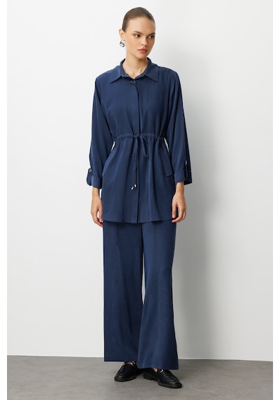 Mizalle Geniş Paça Beli Lastikli İndigo Mavi Cupro Pantolon Indigo