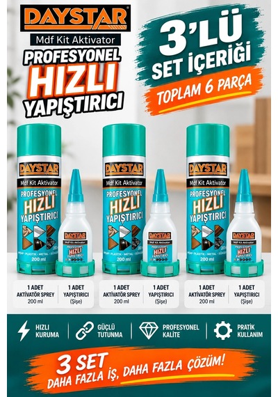 Daystar Profesyonel Hızlı Yapıştırıcı 3 Lü Set Mdf Ahşap Plastik Metal Uyumlu Aktivatörlü Güçlü Ya