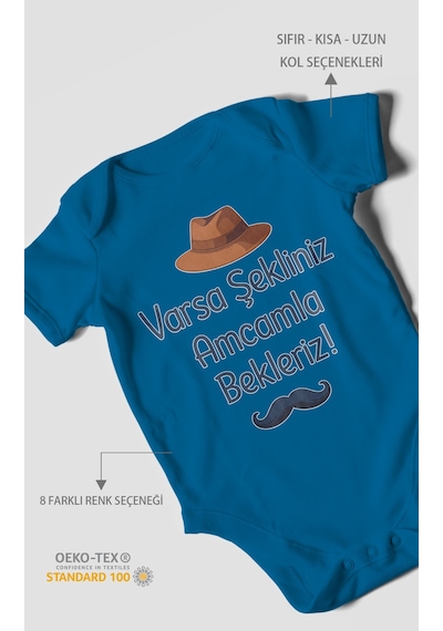 Morivokids Varsa Şekliniz Amcamla Bekleriz Kısa Kollu Bebek Body %100 Pamuk Koyu Mavi