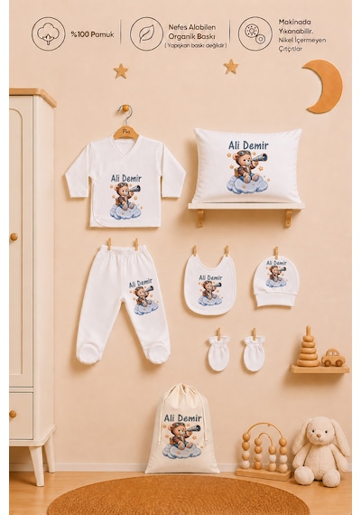 Pia Baby Erkek Bebek Hastane Çıkışı 8 Parça %100 Pamuk İsimli Organik Baskılı Kese Hediye Zıbın Seti 1007zybk0x Ekru