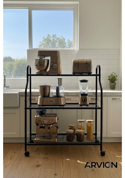Modern Siyah 3 Katlı Metal Tekerlekli Mutfak Ve Dekoratif Saksılık Çiçeklik Dayanıklı Raflı Stand-organizer Siyah