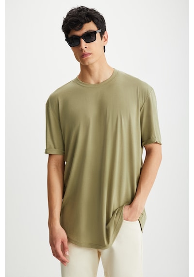 Grimelange Oscar Erkek Comfort Fit Uzun Dökümlü Kumaş Haki T-shirt Haki