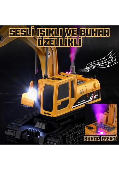Uzaktan Kumandalı Şarjlı Ekskavatör Buharlı Sesli Işıklı 3 Başlıklı Oyuncak İş Makinesi