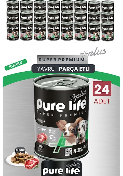 Purelife Plus 24'lü Kuzulu Yavru Puppy Köpek Konserve Chunk Parça Etli Yaş Mama 400 G