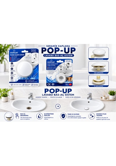 Seramik Görünümlü - Beyaz Pop-up Otomatik Lavabo Sifonu -üniversal Kullanıma Uygun