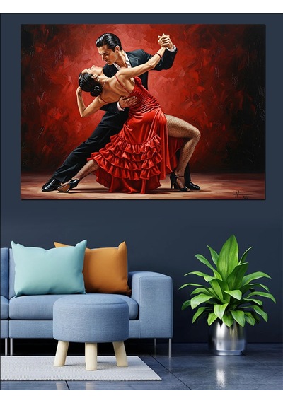 Kırmızı Ve Aşk Temalı Tango Yapan Tutkulu Çift Dekoratif Kanvas - Mdf Ahşap Tablo
