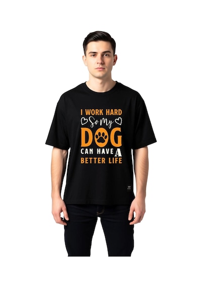 Paybuy Köpeğim İçin Çalışıyorum Baskılı Erkek Oversize Tişört Siyah