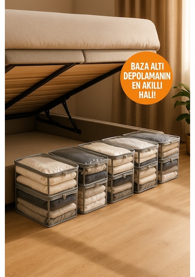 5'li Set Mor Şeffaf Kapaklı Hurç 28x32x15 Cm Orta Boy Dolap İçi Kıyafet Ve Havlu Düzenleyici Gri