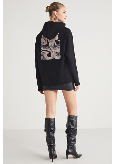 Ethıquet Glace Kadın Ön Ve Arka Baskı Detaylı Kapüşonlu Regular Fit Normal Kalıp Siyah Sweatshirt
