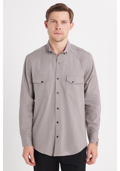 Tudors Erkek Regular Fit Rahat Kesim Çift Cepli Spor Yaka Denim Gri Gömlek-36856 Gri