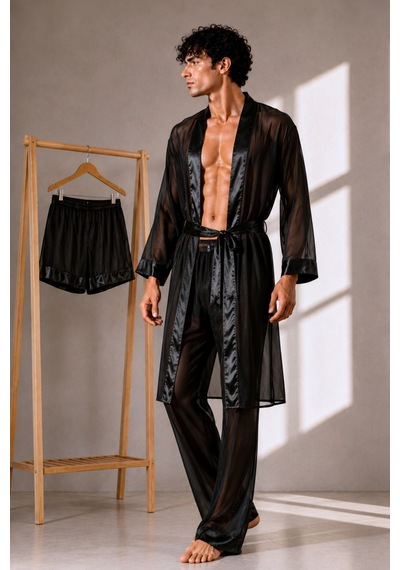 Qmen Style Erkek Şifon Kimono- Pijama - Şort Seti Siyah