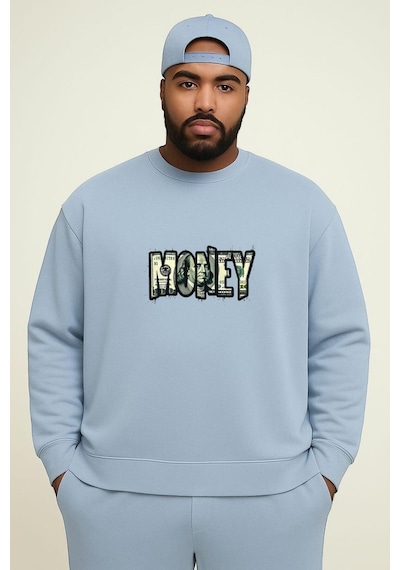 Benroma 3 İplik Penye Money Baskılı Büyük Beden Unisex Sweatshırt Bebe Mavisi
