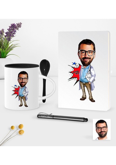 Kişiye Özel Bay Doktor Karikatürlü Beyaz Defter Kalem Kaşıklı Kupa Seti - 3