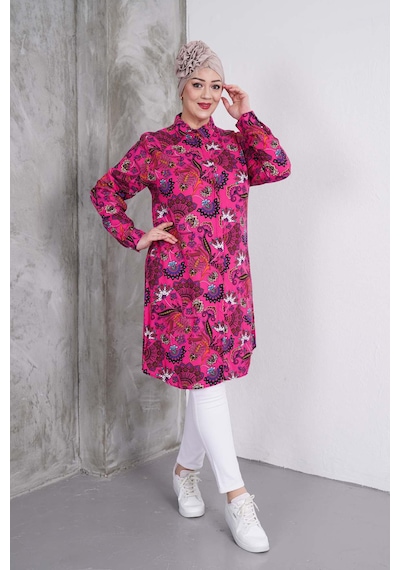 Polologin Butik Fuşya Rengi Çiçek Desenli Gömlek Tunik Fuşya