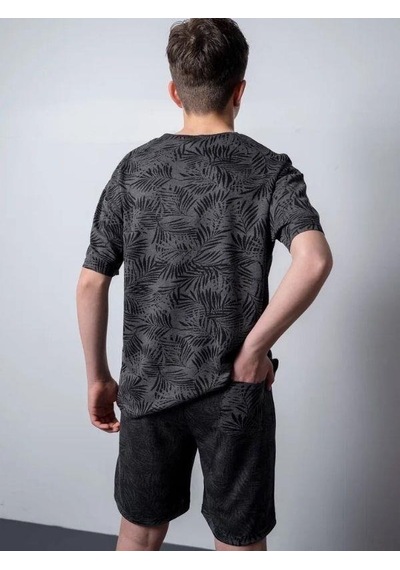 Erkek Çocuk Palmiye Desenli T-shirt Şortlu Takım-15796 Siyah