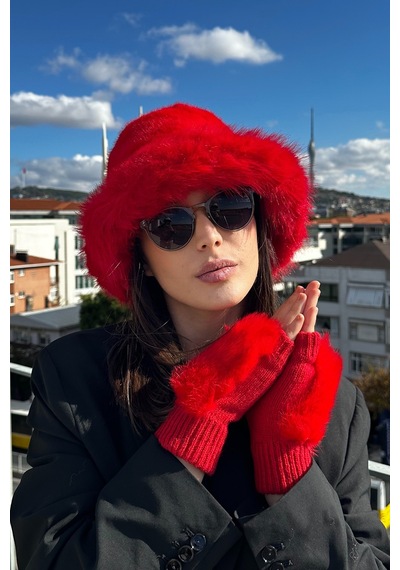Mollycrush Kadın Kırmızı 2 Li Peluş Bucket Şapka Eldiven Trend Premium Set Kırmızı