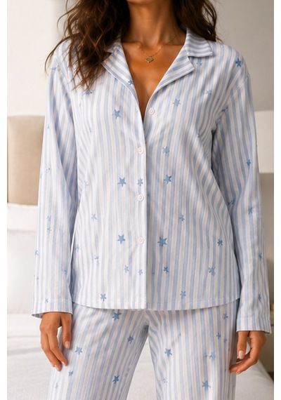 Kadın Uzun Kol Pamuklu Mavi Pijama Takımı