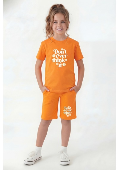 Fyk Kids 3'lü Yuvarlak Yaka Tişört Renkli Kapri Baskı Detaylı 6 Parça Kız Çocuk Alt Üst Takım Turuncu - Mint Yeşili