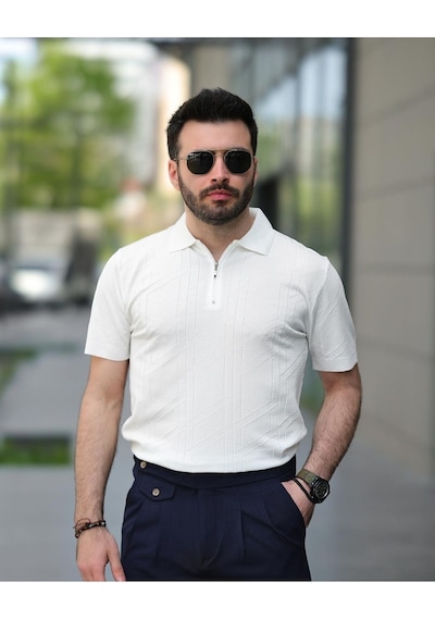 Fermuarlı Triko Tshirt Beyaz