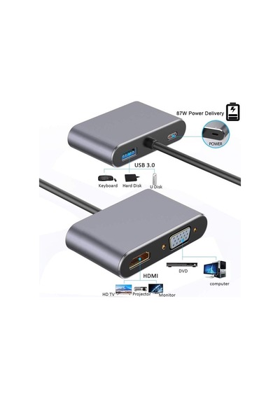 Type-C 4 In 1 4K Hdmı Vga Usb 3.0 Type-C Şarj Girişli Adaptör