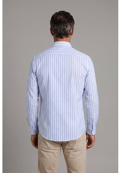 Bisse Mavi Regular Fit Pamuk Keten Uzun Monti Gömlek Gmktn250008 D35