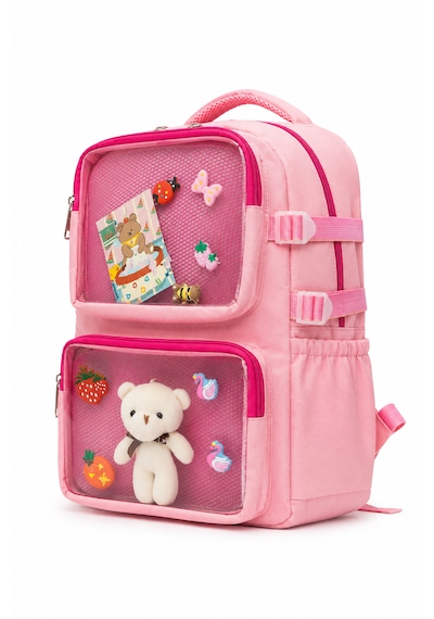 Quovo Kawaii Kore Tarzı Full Aksesuarlı Ortopedik Yerli Günlük Okul Sırt Çantası Pembe