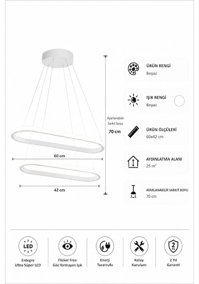 AvizeGO Elipso 2'li Led Sarkıt Avize Beyaz Işık