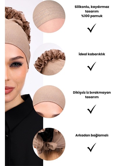 Loggia Kaymayan Fırfırlı Silikonlu Dikişsiz Bone - Kaymaz Kadın Tesettür Bağlamalı İç Bone-vizon Vizon