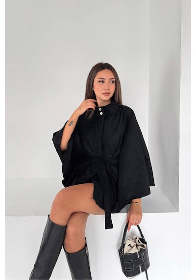 Dip Moda Kadın Süet Dokulu Dik Yaka Gold Düğmeli Kuşaklı Yarasa Kol Panço Ceket Dpk5039 Siyah Dip Moda Kadın Süet Dokulu Dik Yaka Gold Düğmeli Kuşaklı Yarasa Kol Panço Ceket Dpk5039 Siyah