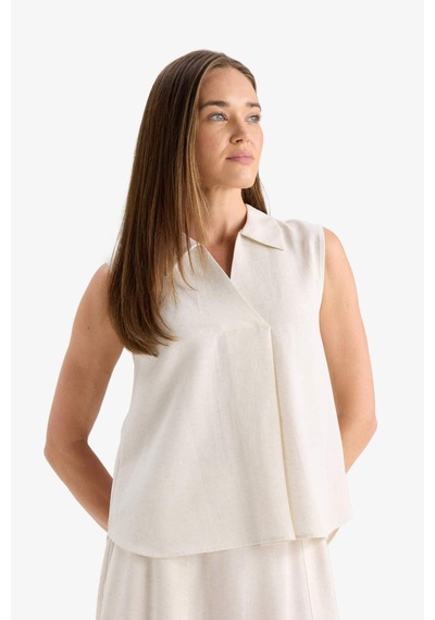 Defacto Regular Fit Polo Yaka Keten Karışımlı Kolsuz Bluz F0982ax25hser37 Ekru