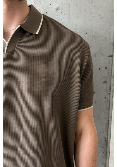 Erkek Oversize Selanik Polo Yaka Triko T-shirt Açık Kahve