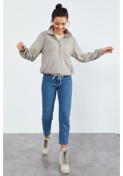 Tommy Life Koyu Bej Yarım Fermuar Etek Ucu Büzgülü Kadın Polar Oversize Sweatshirt - 97171 Koyu Bej