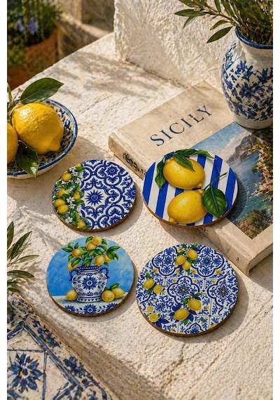 Limon Desenli Bardak Altlığı 4 Lü Set Sicilya 9 Cm Mdf Beyaz
