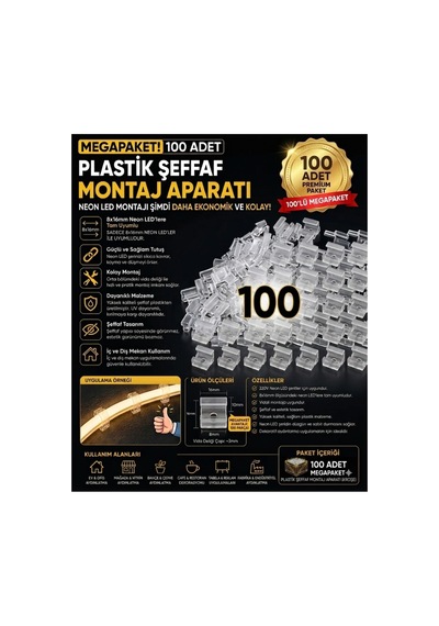 100 Adet Neon Led Tutucu Klips 1 Vidalı Duvar Aparatı,bağlantı Montaj Aparatı,kroşe,plastik Şeffaf Montaj Aparatı,100 Adet 8x16 Mm Neon Led Montaj Aparatı Plastik Ve Şeffaf Kroşe Klips Seti