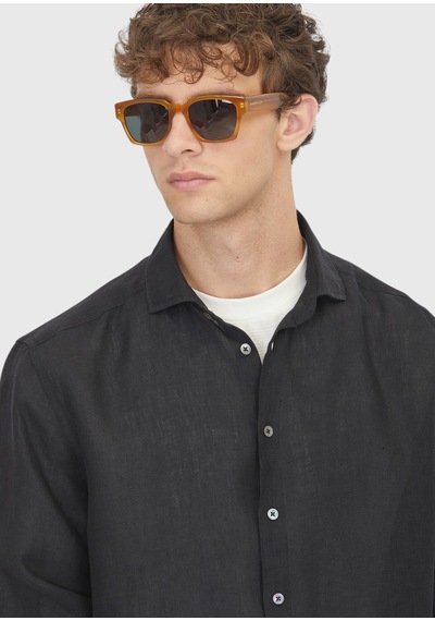 Ramsey Siyah Casual Fit Uzun Dokuma Casual %100 Keten Gömlek