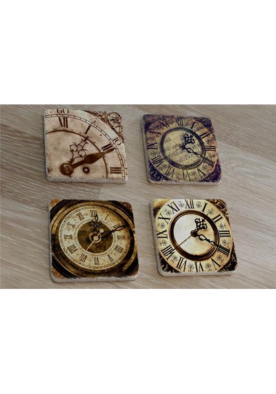 Roma Rakamlı Saatler Doğal Taş Bardak Altlığı 4'lü Set - Natural Stone Coasters - Taş Çok Renkli