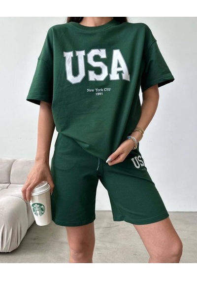 Usa T-shirt Şort - Alt Üst Takım Şort Tişört Kombin Baskılı Bisiklet Yaka Yeşil