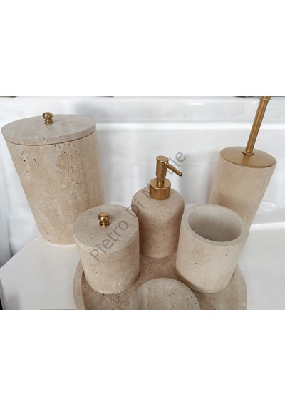 Sarı Traverten Klasik Model 7 Parça Mat Gold Renk Düğme Aksesuarlı Banyo Seti Sarı Traverten