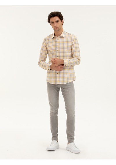 Cacharel Sarı Slim Fit Pamuk Ekose Gömlek