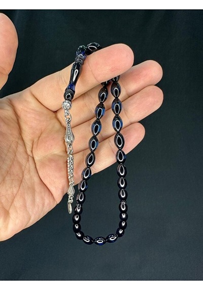 Siyah Mavi Sürmeli Uçak Camı Tesbih Arpa Kesim 11mmx7mm T-765