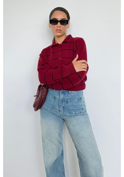 Madmext Bordo Çizgili Polo Yaka Kadın Triko Kazak Mg2470 Bordo
