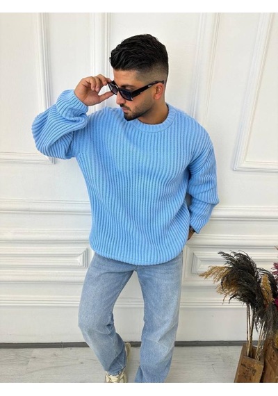 Elku Moda Oversize Kazak Bol Kesim Tüylenmeyen Salaş Triko Kazak Mavi