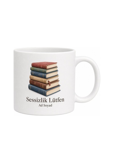 Kitap Kurdu Üst Üste Kitaplar Ayraç Sessizlik Lütfen Baskılı Porselen Kupa Hediye Bardak Beyaz / Çok Renkli