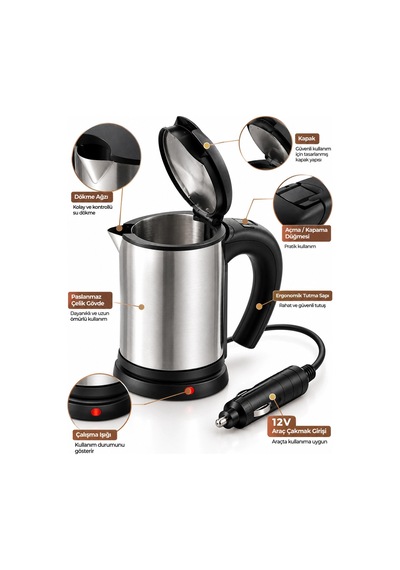 Araç İçi Su Isıtıcı Kettle - 12v Çakmaklık Girişli Paslanmaz Çelik Termos Bx-316146