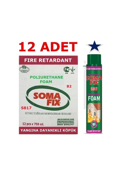 12 Adet 750 Ml 870 Gr Somafix Yangına Dayanıklı Poliüretan Köpük B2 Pembe Köpük S817