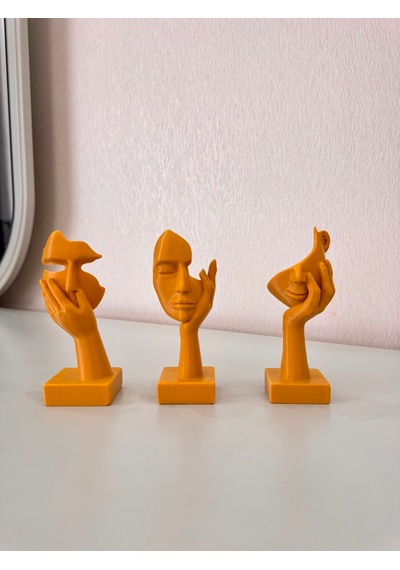 Modern Yüz Figürlü 3 Lü Dekoratif Heykel Seti-ev Ve Ofis Dekorasyonu Biblo 15 Cm Mat Gold