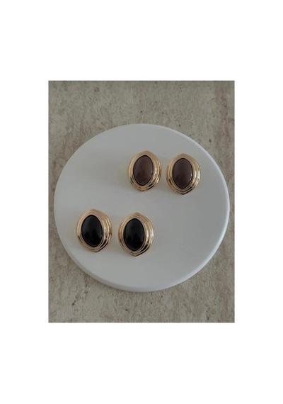 Lunarie İri Oval Vintage Statement Küpe 14k Gold Oluklu Çerçeveli Kahverengi