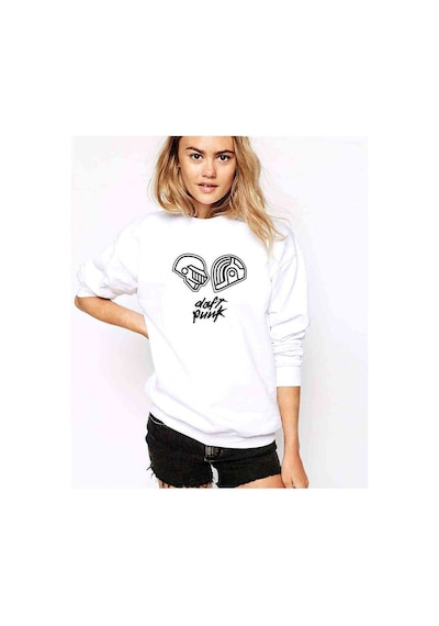 Daft Punk Helmet & Yazi Baskılı Beyaz Kadın Sweatshirt