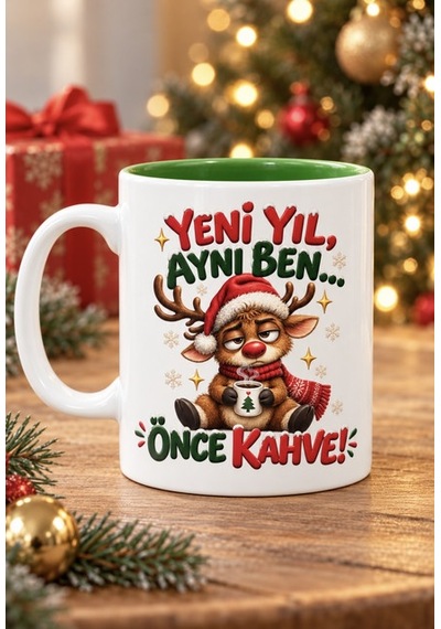 Mesela Yılbaşı Kupası Yeni Yıl Aynı Ben Desenli Yeşil İçli Hediyelik Kahve Kupa Bardak Beyaz